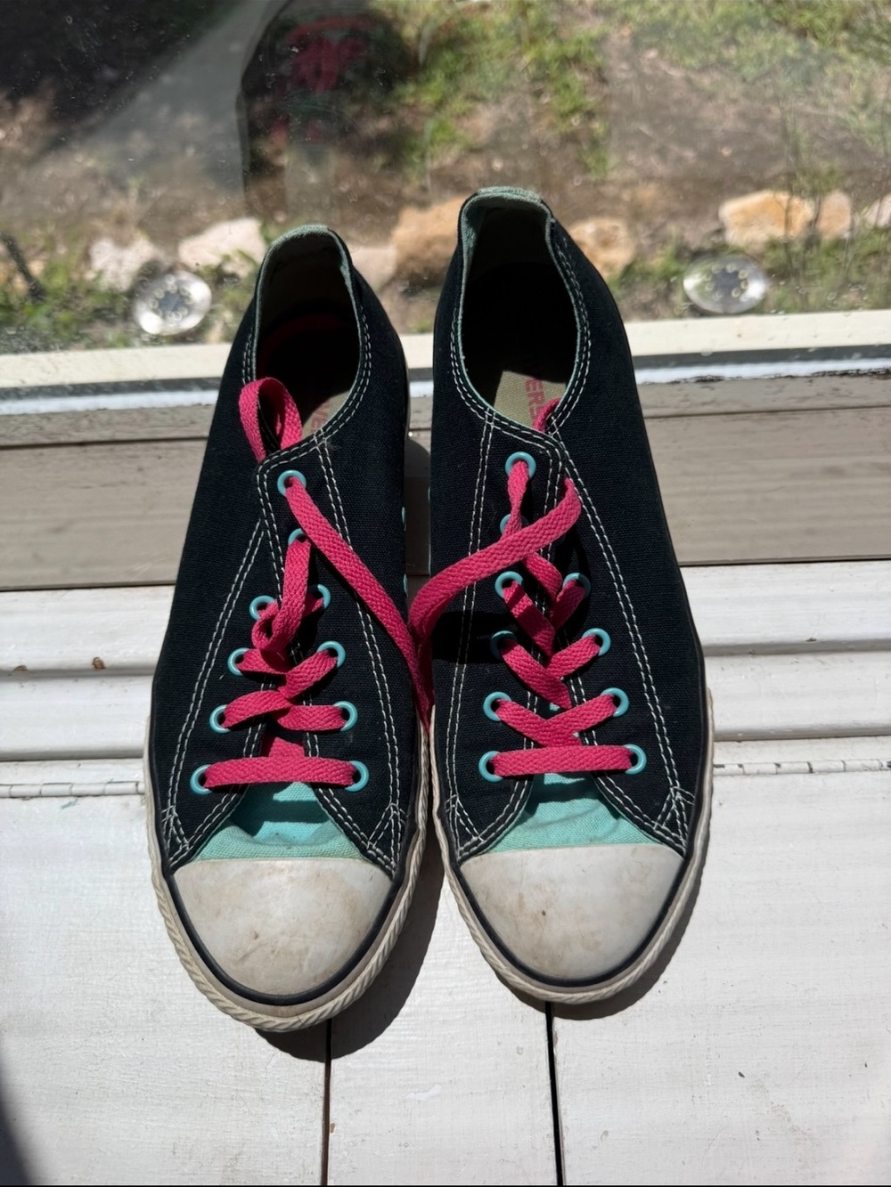 Converse Black Canvas Sneakers with Pink Laces and Teal Accents